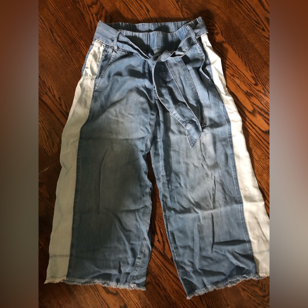 Anthropologie Cloth & Stone Cropped Denim Pant Tie Belt Fringe Hem Size XS